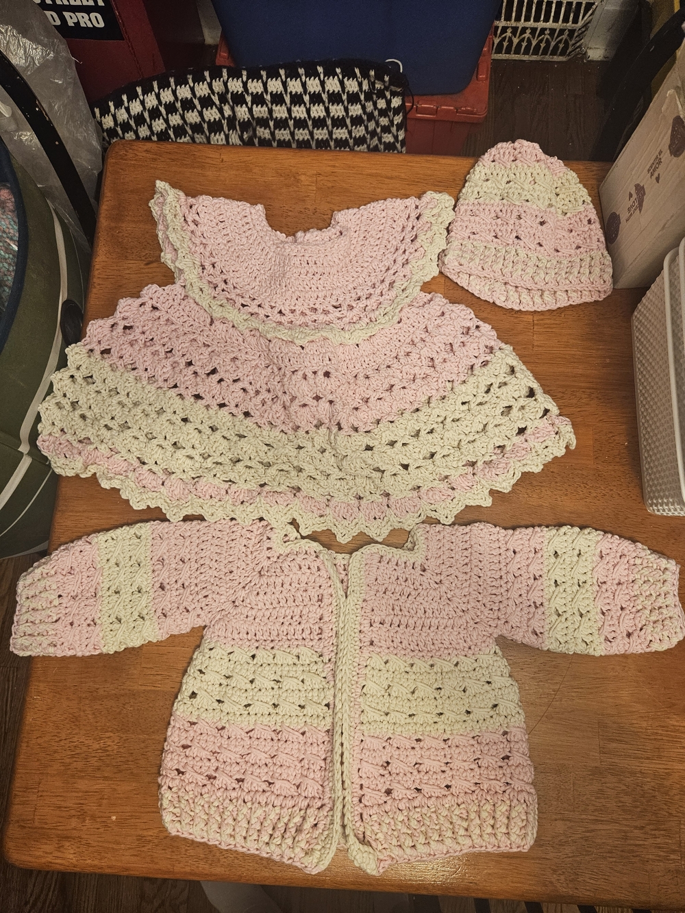 Handmade Pink and Cream Crochet Kids Dress Set with Jacket and Hat